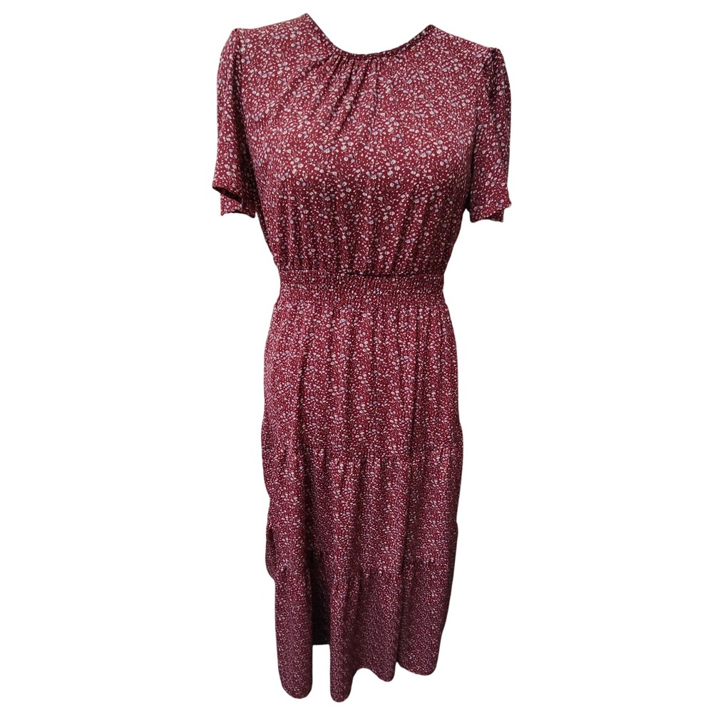 PrettyGarden Burgundy Floral Smocked Waist Tiered Maxi Dress Womens Medium